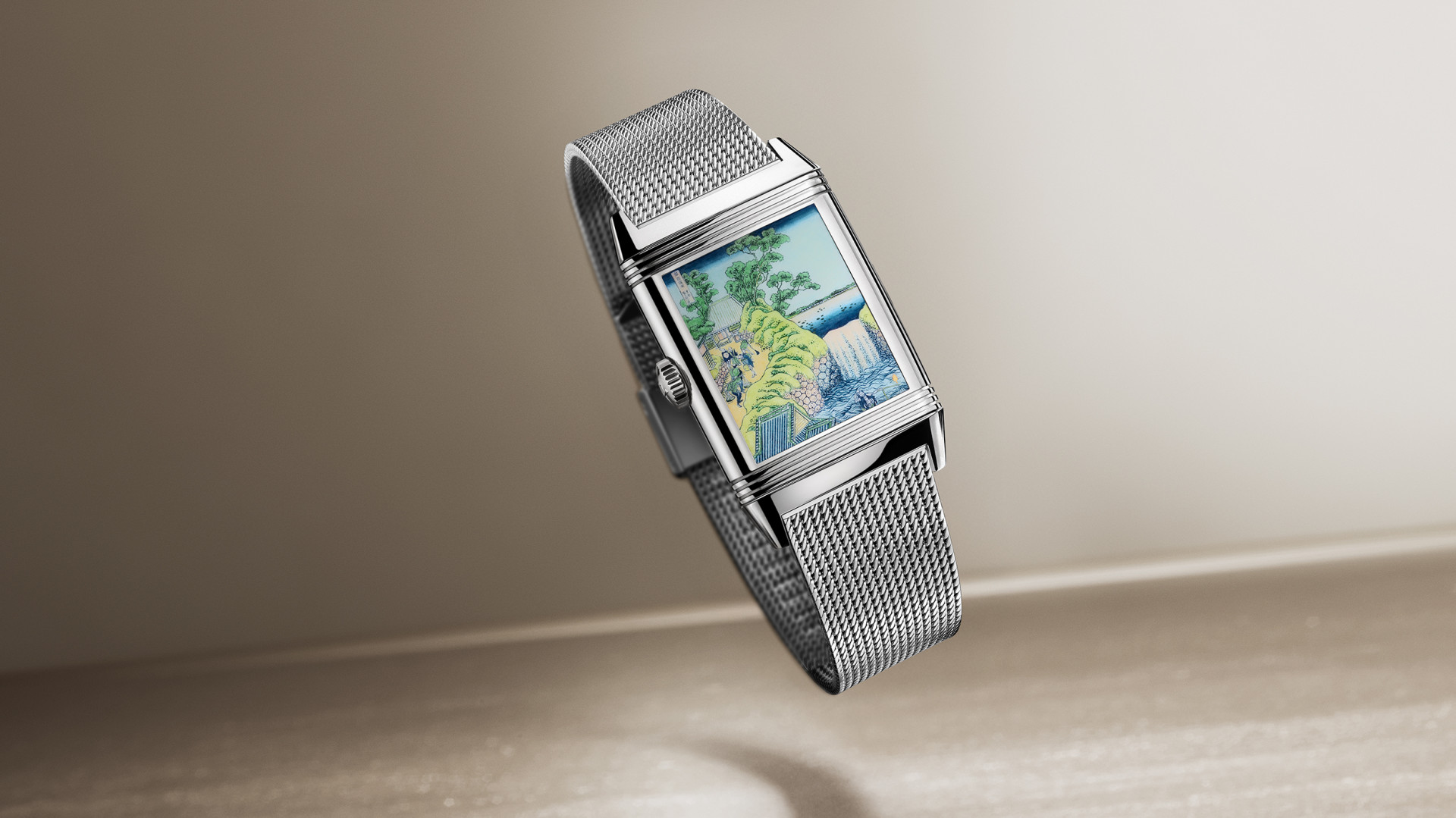 Reverso Tribute Enamel Hokusai Waterfalls case profile in 18K white gold