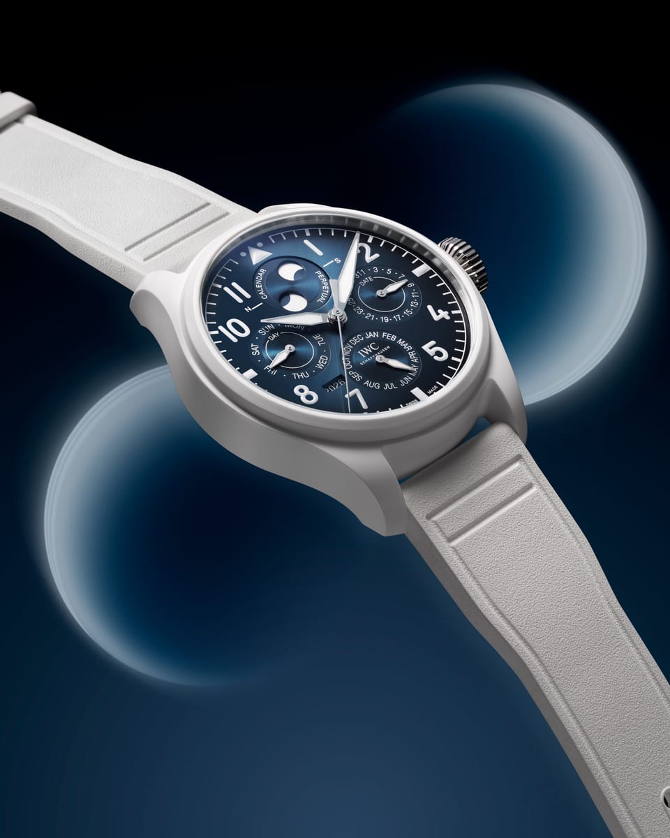 White ceramic IWC Big Pilot's Watch Perpetual Calendar with blue sunray dial