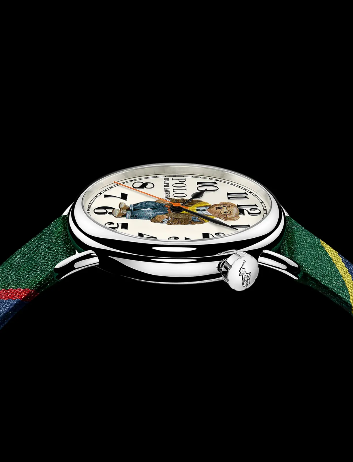 Ralph Lauren Preppy Bear watch white dial with Polo Bear in navy blazer and repp tie