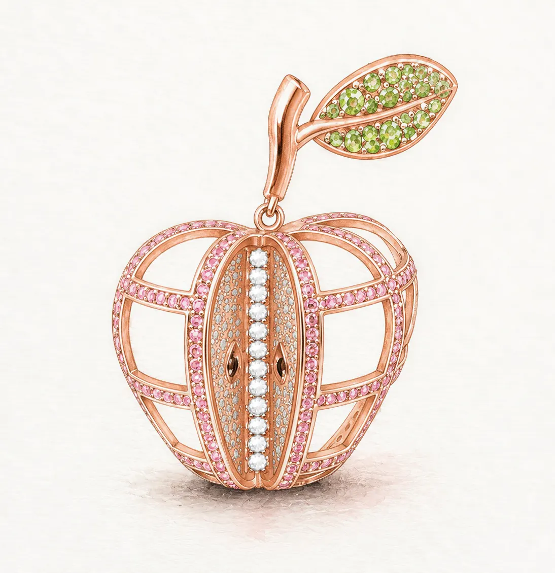 Fullord True Appeal earrings open-form apple design with pink sapphires and diamond interior