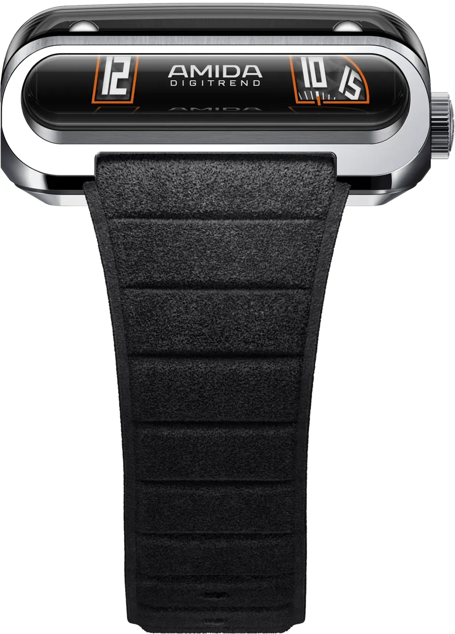 AMIDA Digitrend OSII Black front view showing sapphire hood and jumping-hour display
