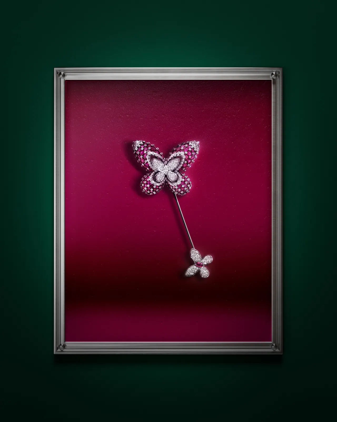 Graff Lina brooch 2026 featuring square-cut pink sapphires and pavé diamonds in en tremblant butterfly silhouette
