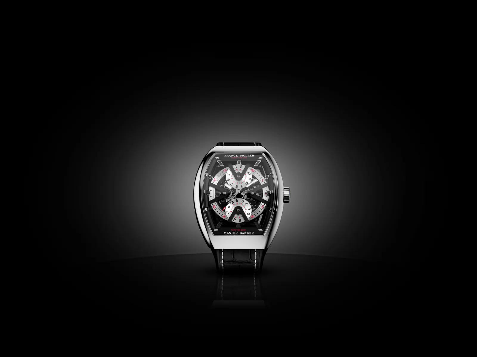 Franck Muller Vanguard Master Banker Vector Skeleton rose gold case with green inserts and openworked dial