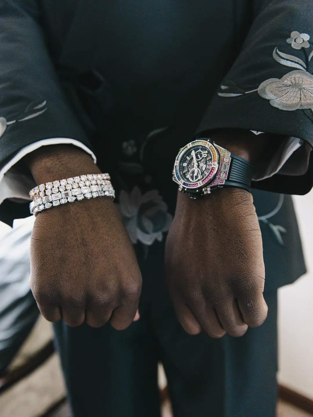 AJ Dybantsa wearing Hublot Big Bang Unico Titanium Rainbow 42mm at the 2026 NBA Draft Barclays Center Brooklyn