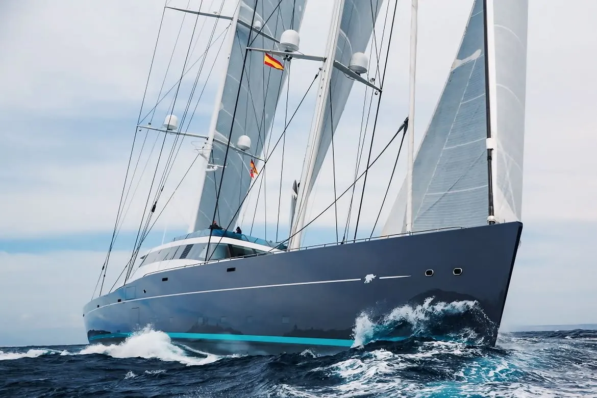 Oceanco Aquijo 85.9-metre ketch sailing under full canvas with twin near-equal masts