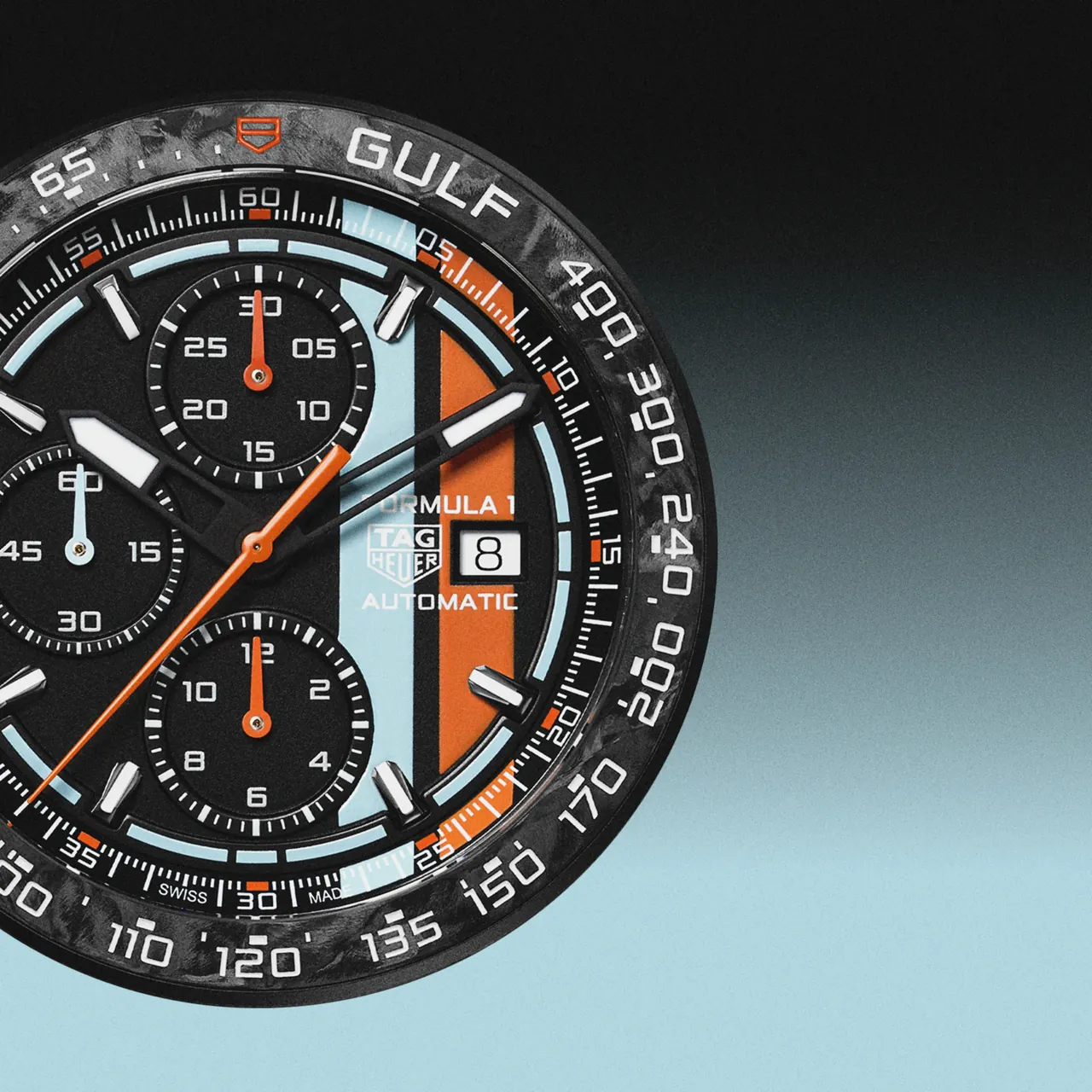 TAG Heuer Formula 1 Automatic Chronograph x Gulf CBZ208B.BF0009 dial detail with blue and orange stripes on black opalin