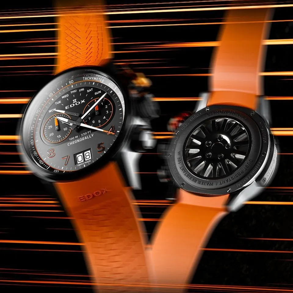 Edox Chronorally Chronograph 45 titanium case profile showing oversized orange pusher at 3 o'clock