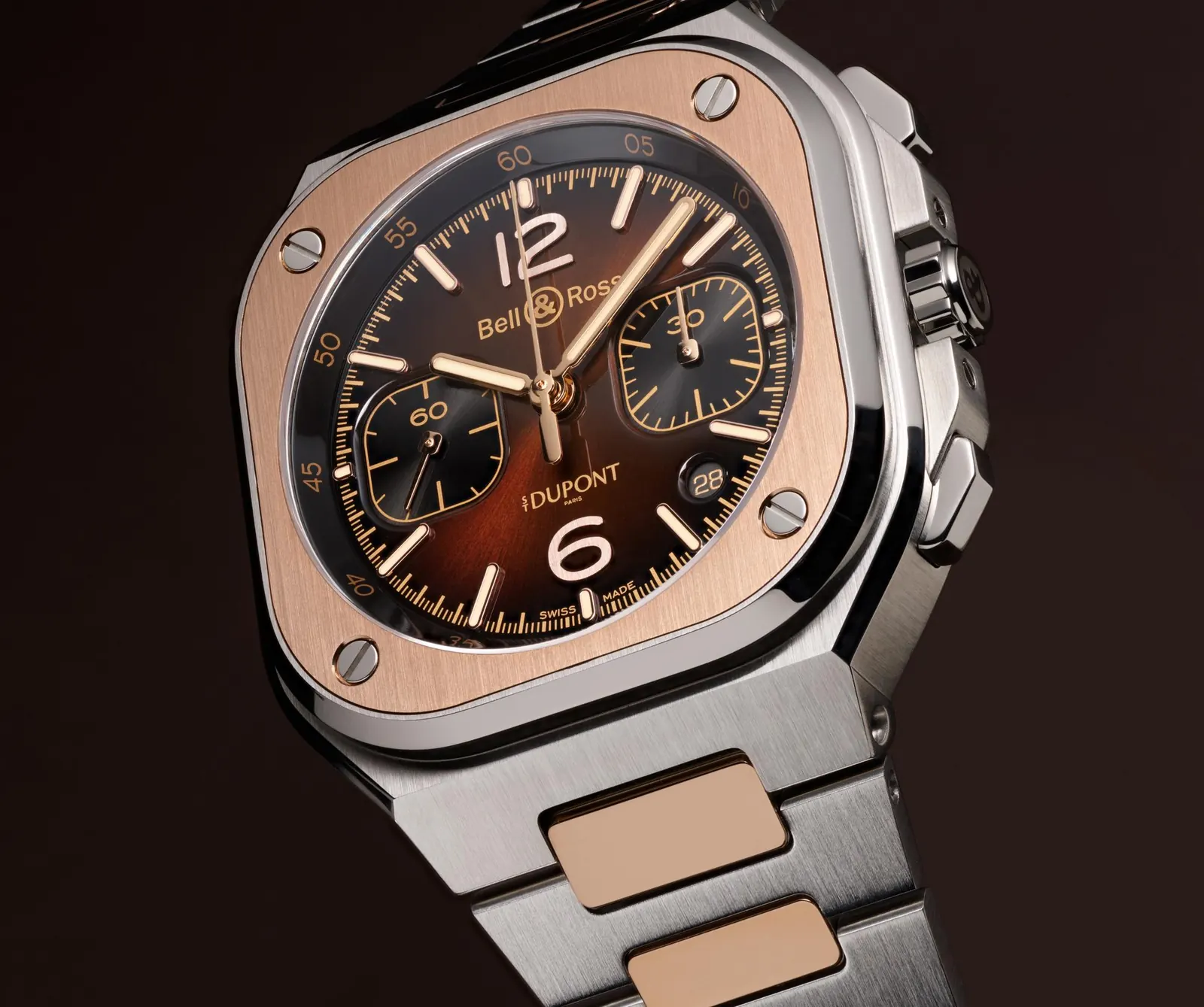 Bell & Ross BR-05 Chrono S.T. Dupont brown sunray dial rose gold indices 42mm