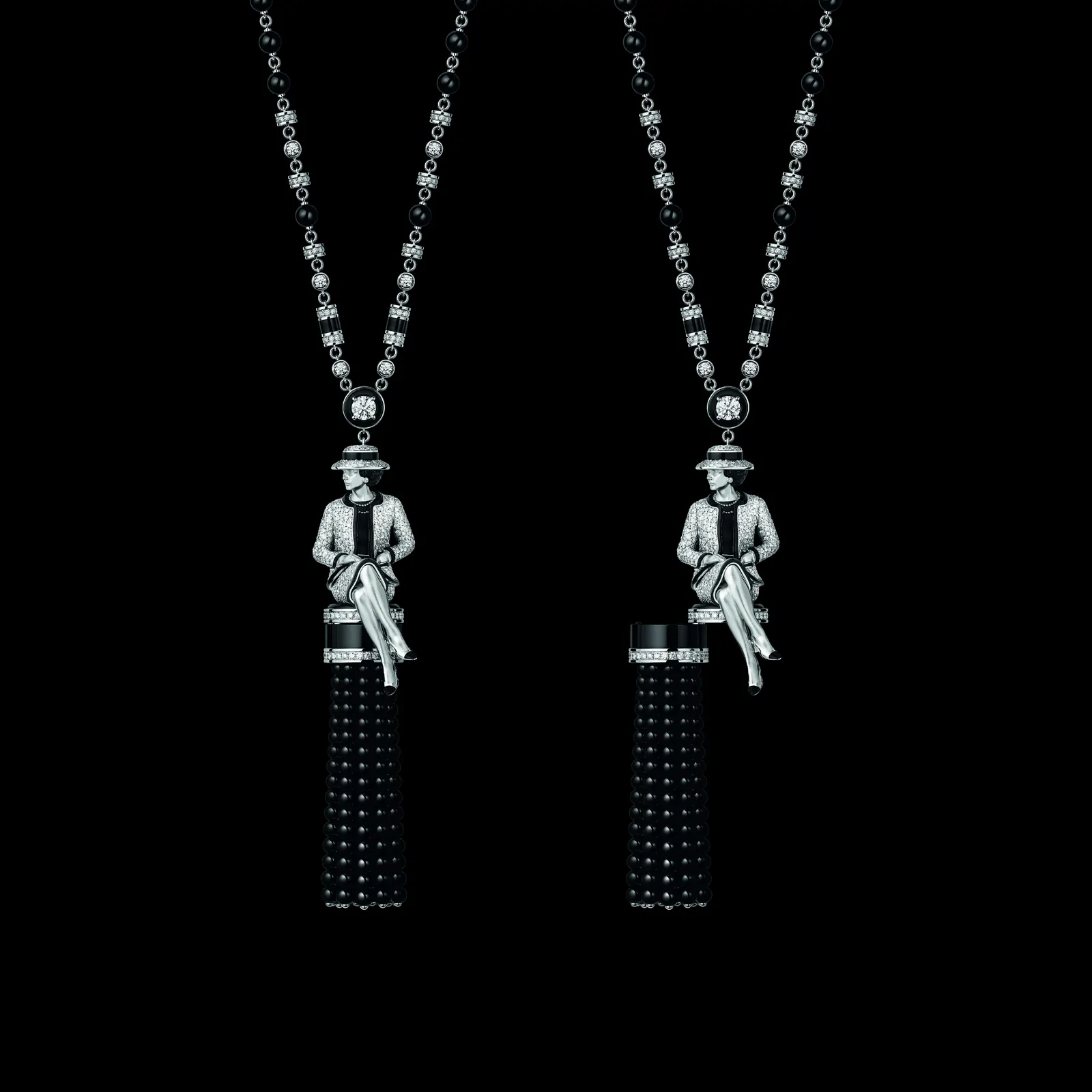 CHANEL Gabrielle Long Necklace front view with diamond-set sculpture and onyx chain