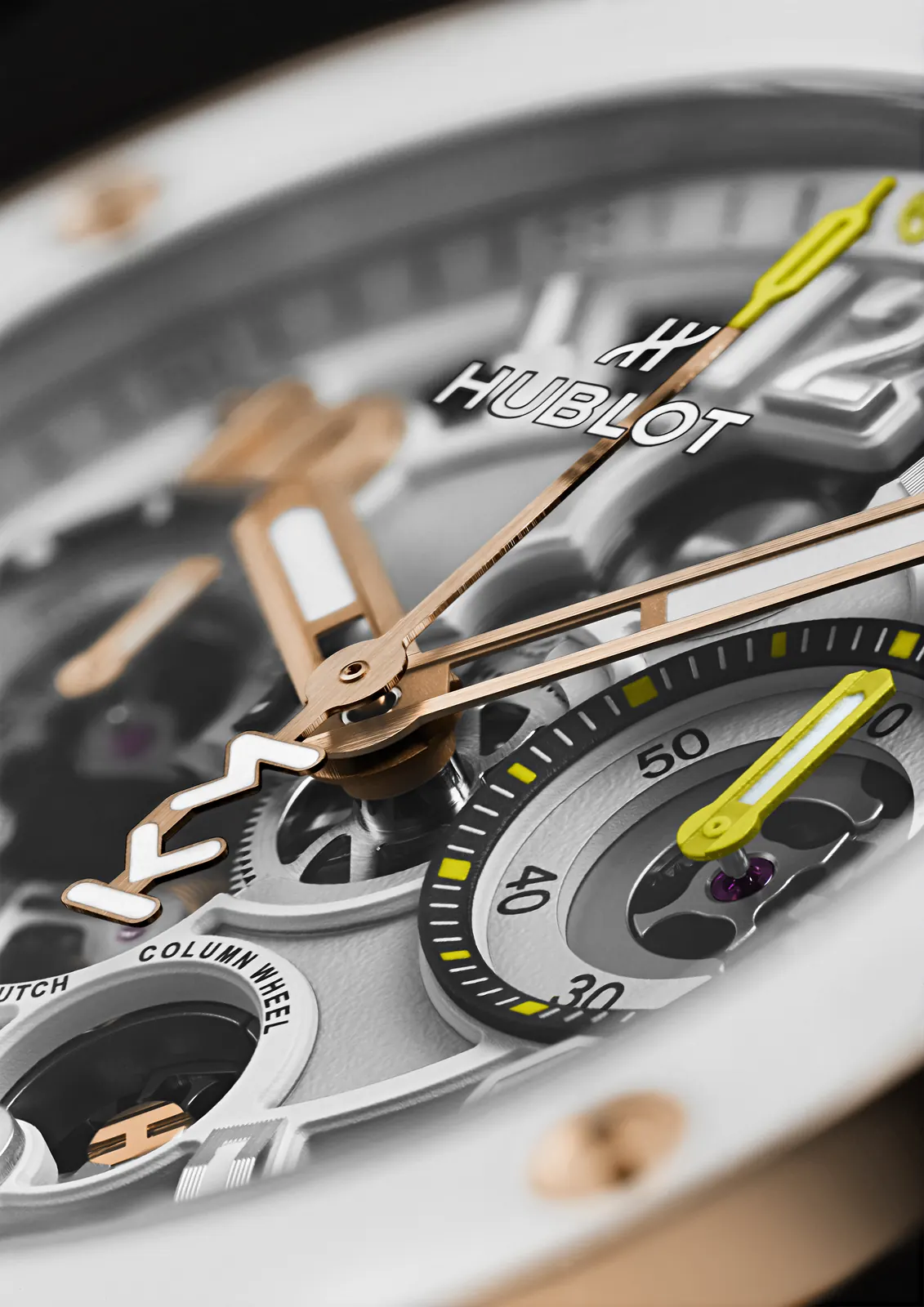 Hublot Big Bang Reloaded Kylian Mbappé white ceramic and King Gold dial close-up