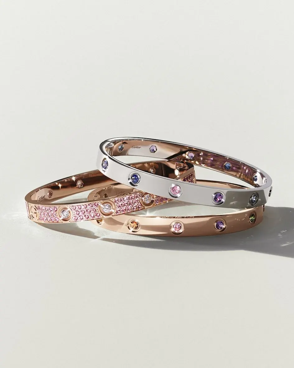 Cartier LOVE bracelet fully paved with pink sapphires, 2026 colour capsule