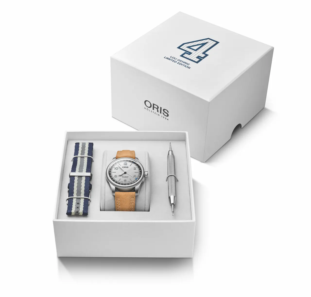 Oris Lou Gehrig Limited Edition dial showing blue number 4 date marker and silver vertical-brushed finish