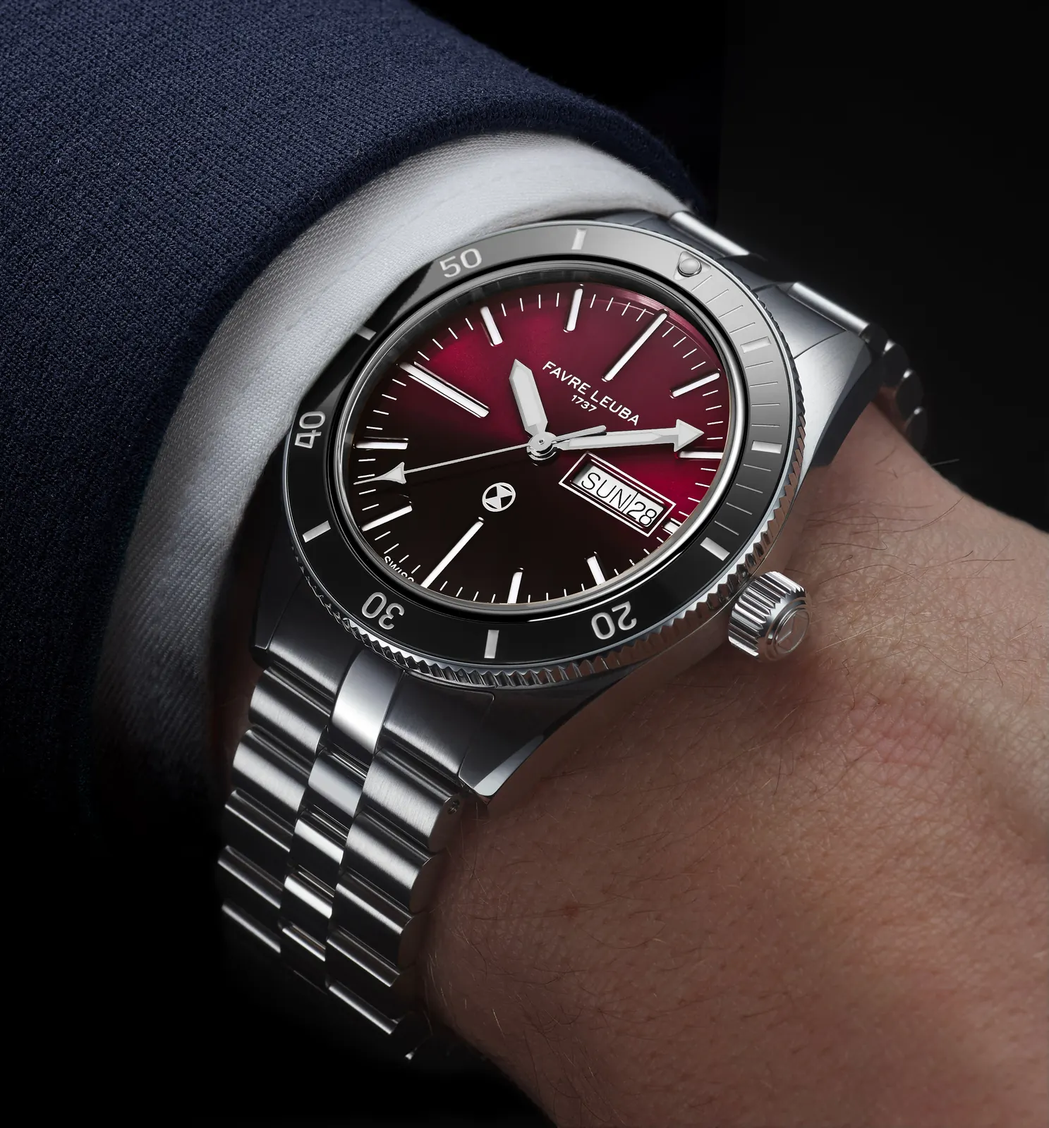 Favre Leuba Deep Raider Day Date salmon ombré dial on steel bracelet
