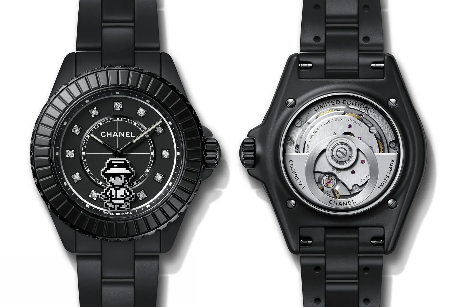 CHANEL J12 Coco Game matte black ceramic limited edition watch with pixelated Mademoiselle seconds hand