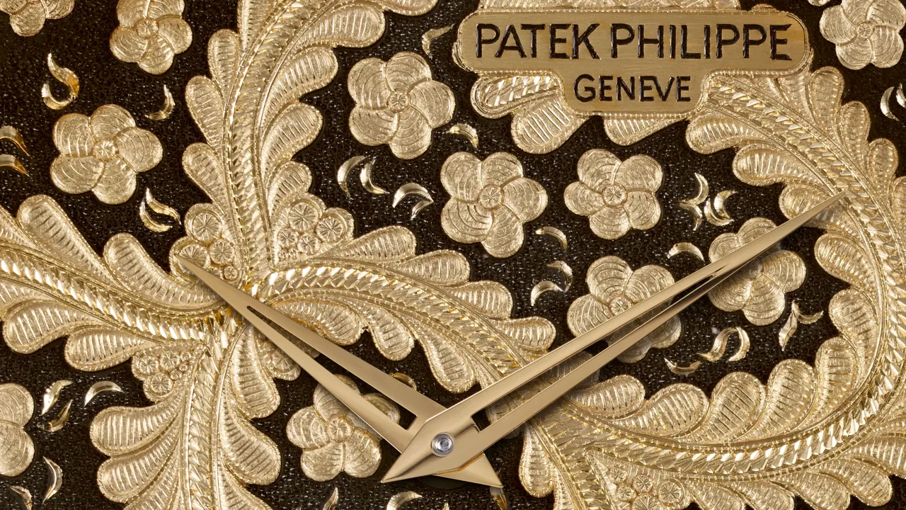 Patek Philippe 5177J-001 Rare Handcrafts Matador dial close-up showing hand-engraved gold embroidery on black background