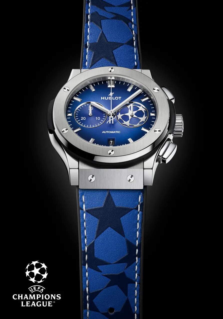 Hublot Classic Fusion Chronograph UEFA Champions League gradient blue dial close-up