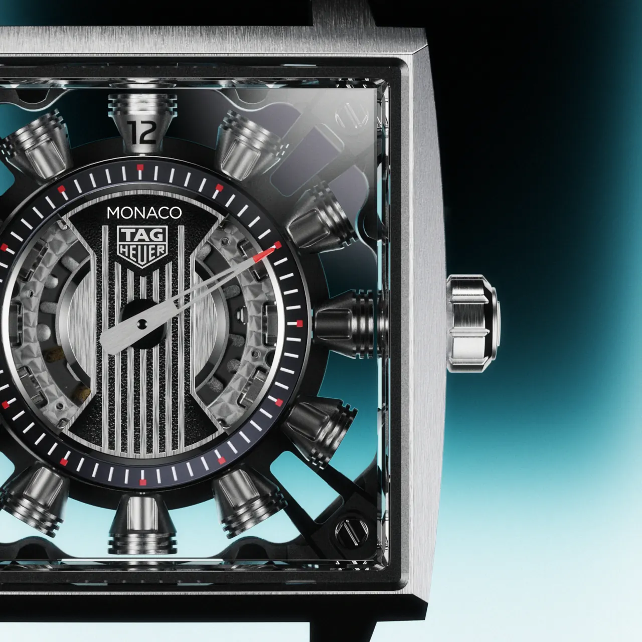 TAG Heuer Monaco Speed 12 dial with twelve rotating pistons in Grade-5 titanium case