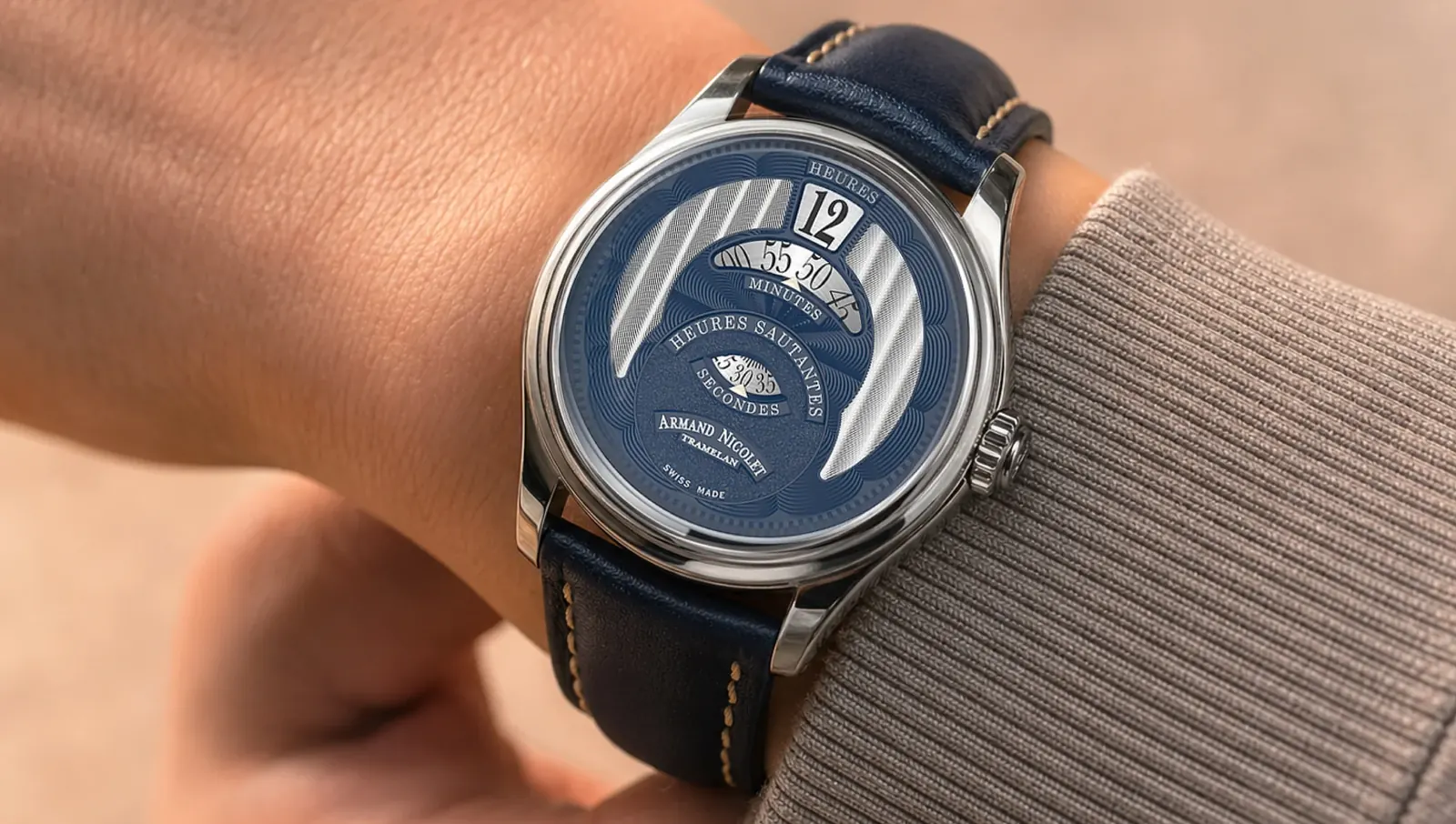 Armand Nicolet M02 HS2 jumping hour dial with guilloché decoration and applied Arabic numerals
