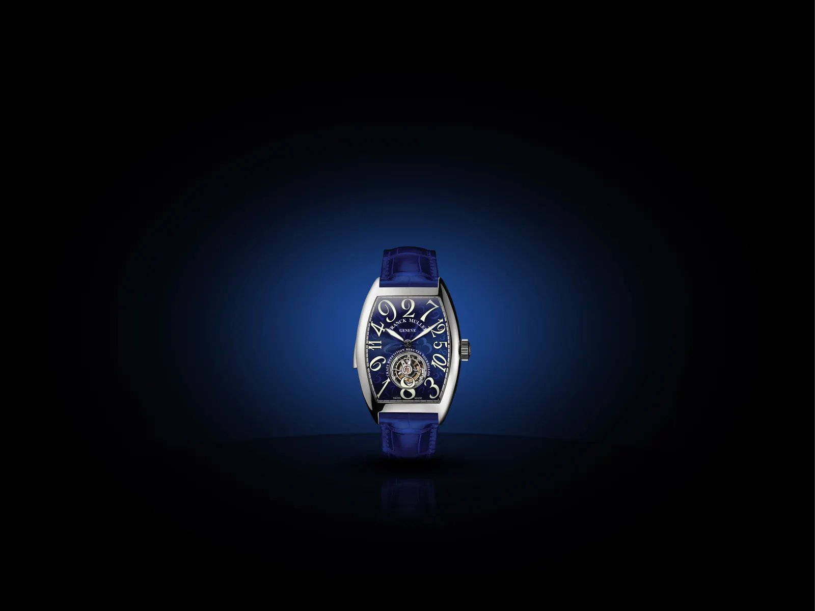 Franck Muller Cintrée Curvex Minute Repeater Tourbillon in 18K rose gold showing sun guilloché dial