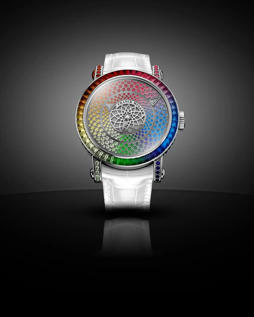Franck Muller Round Rainbow Triple Mystery dial with hand-set sapphires rubies tsavorites and amethysts in spiral composition