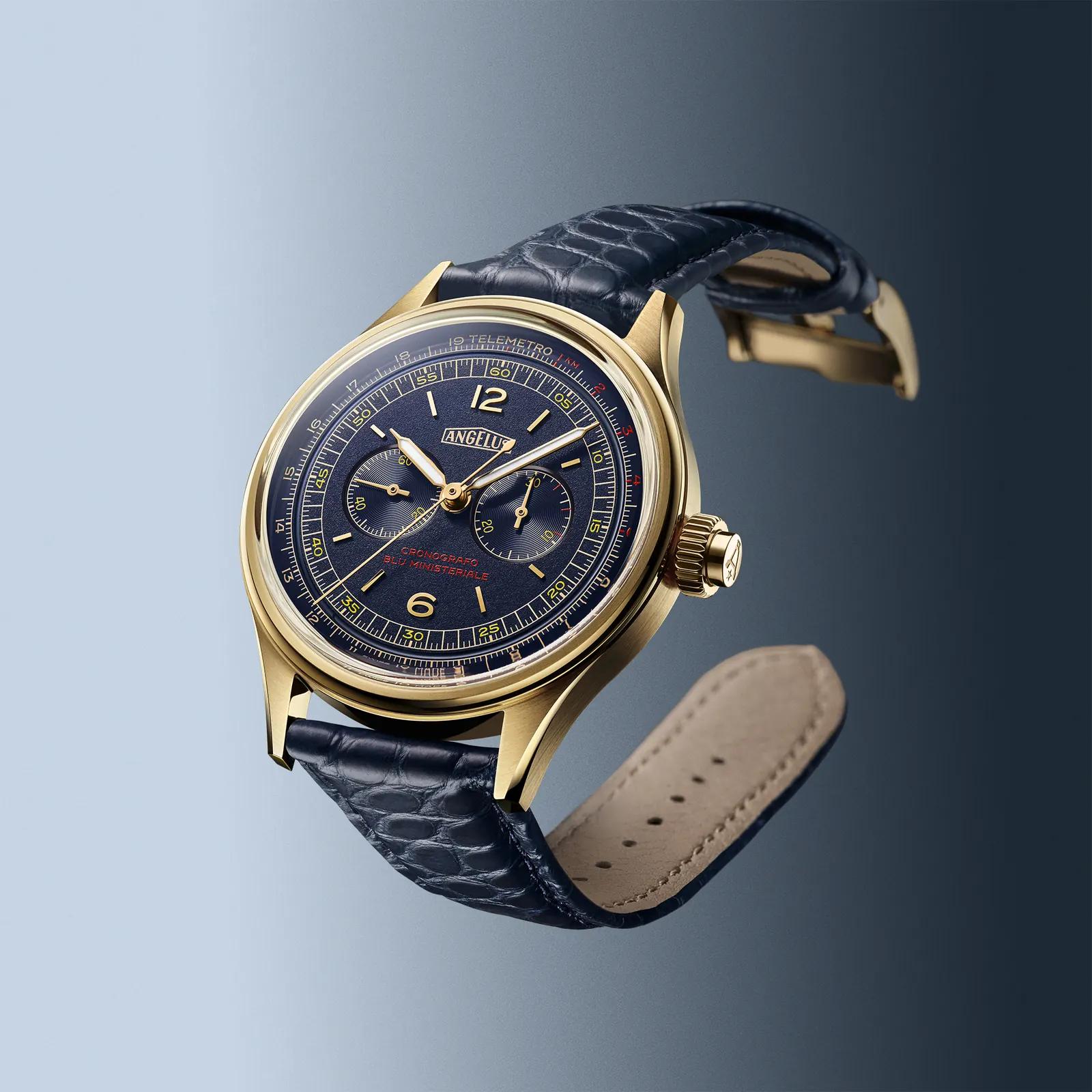 Angelus Cronografo Telemetro Blu Ministeriale dial detail showing grained blue surface and gilded numerals
