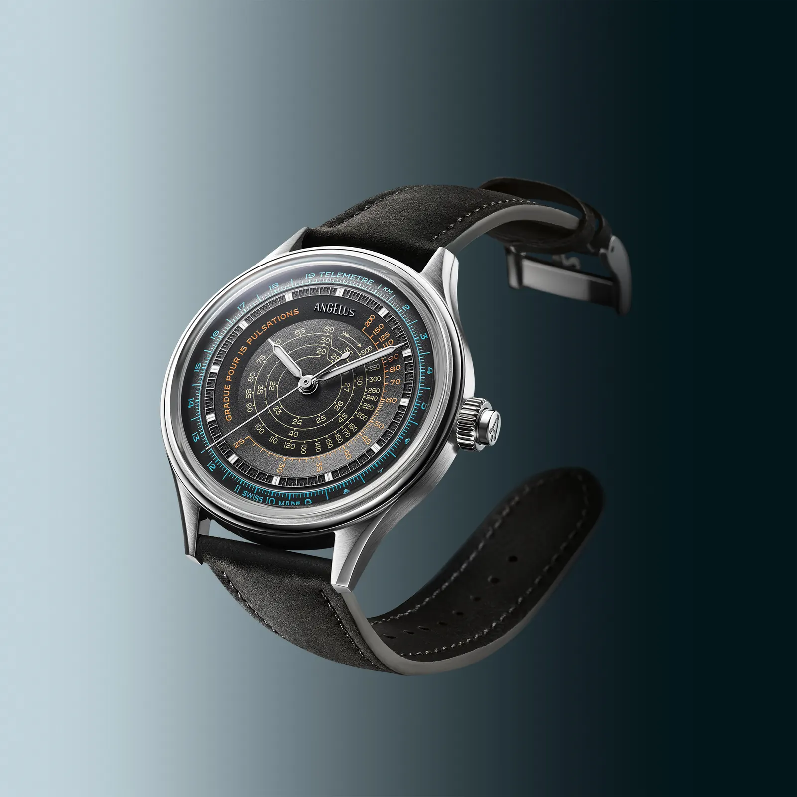 Angelus Instrument de Mesures Triple Scale ebony black dial showing telemeter pulsometer and tachymeter scales