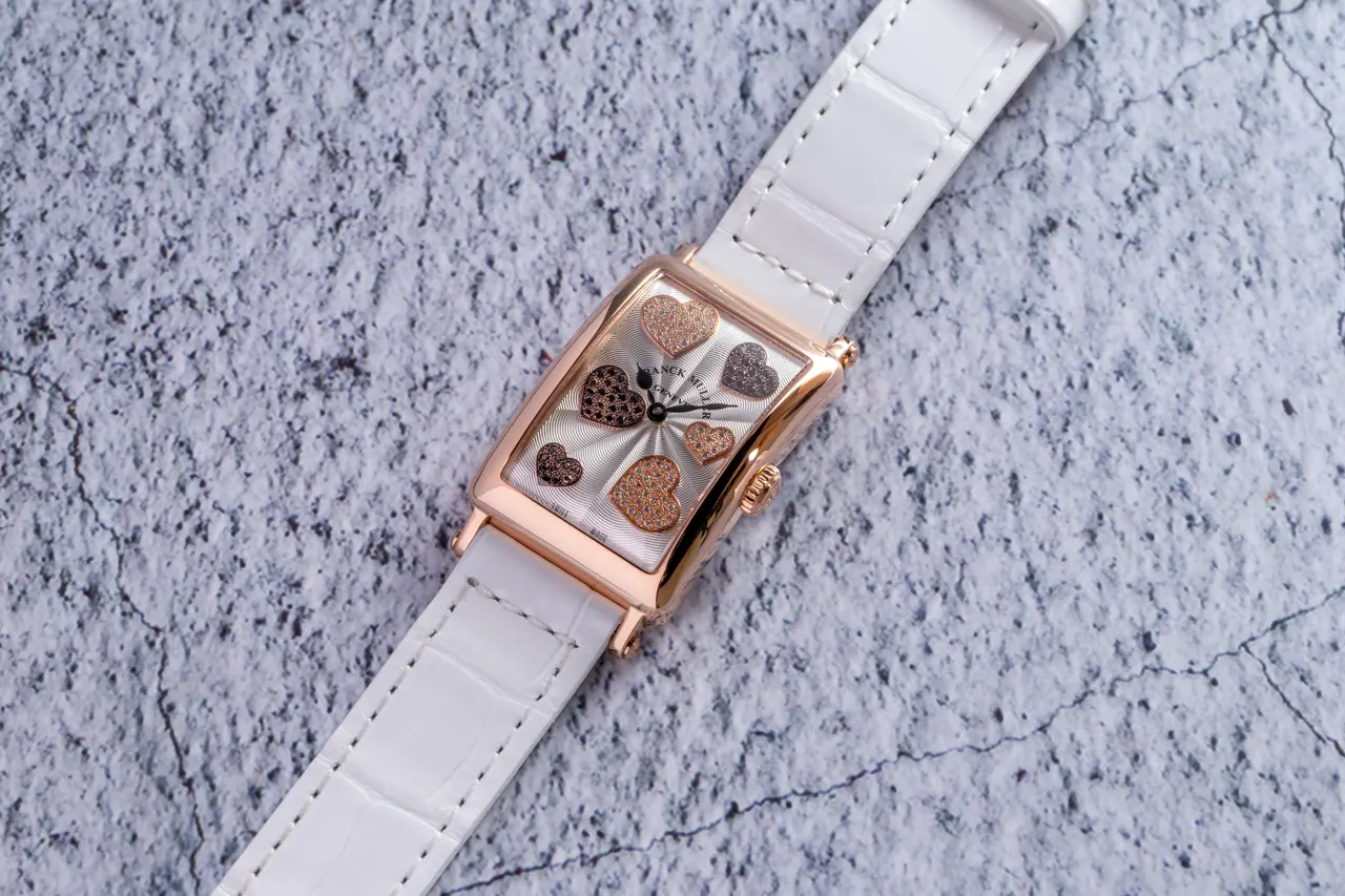 Franck Muller Long Island Amore Coeur 18K rose gold dial with hand-set diamonds and rubies heart motifs