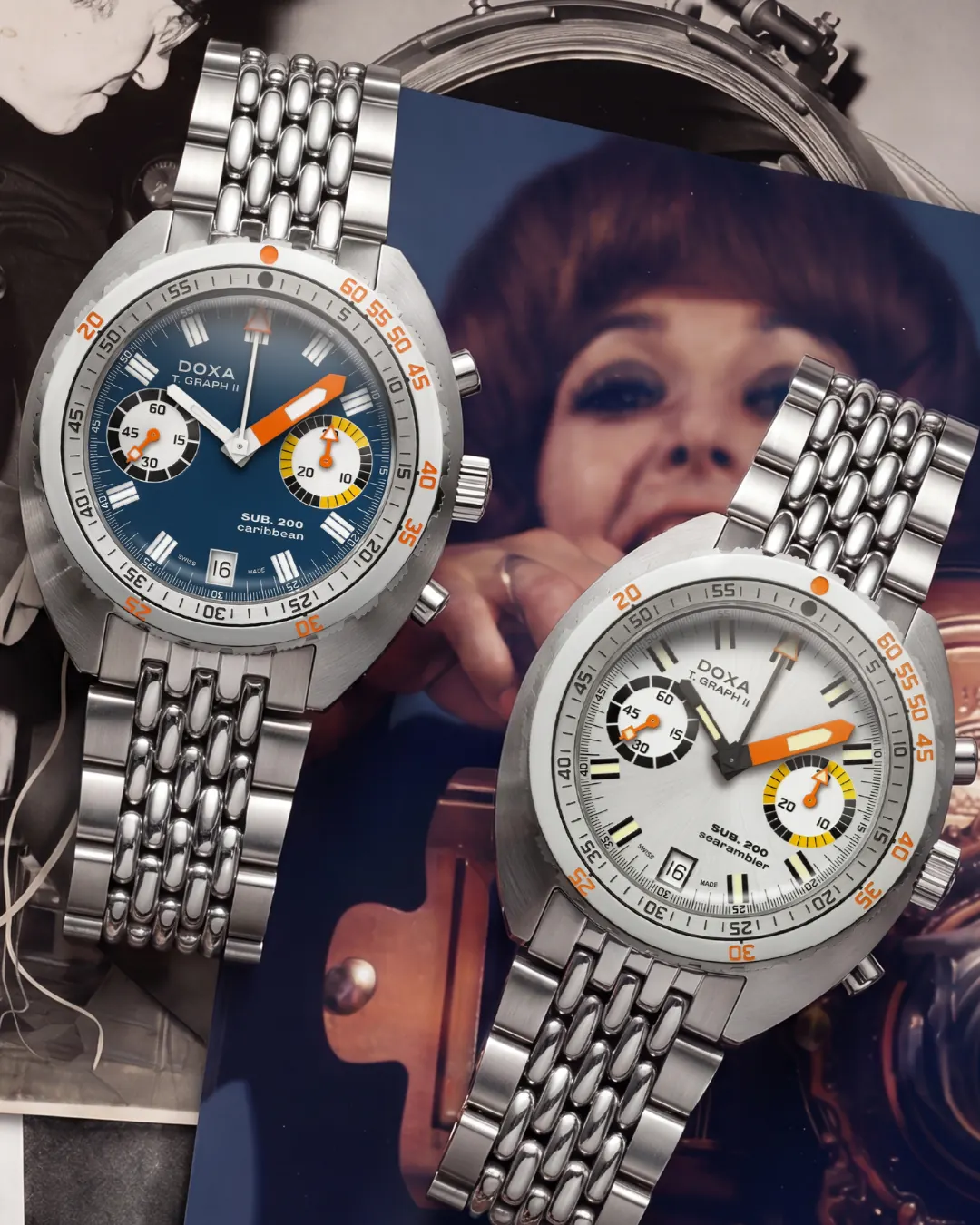 DOXA SUB 200 T.GRAPH II Professional orange dial on stainless steel beads-of-rice bracelet
