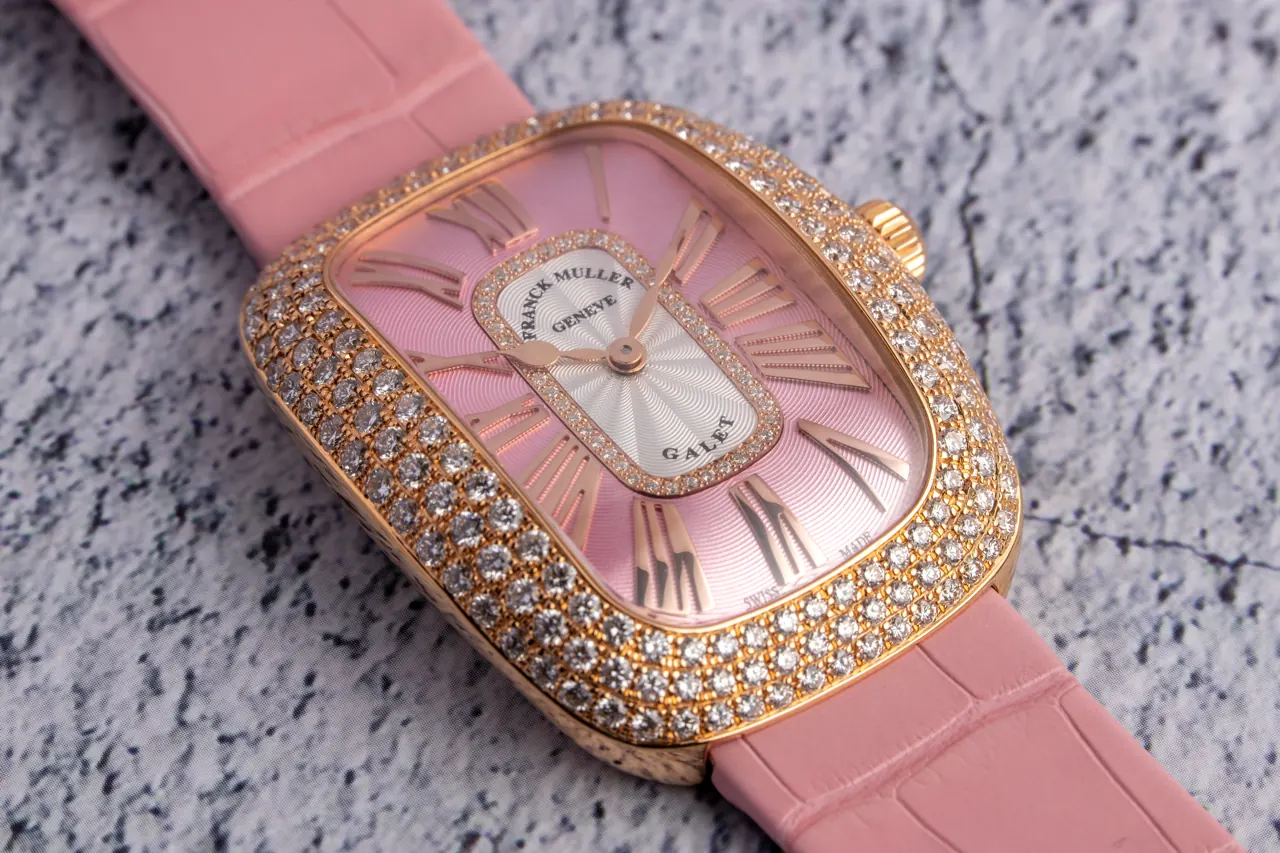 Franck Muller Galet Pastel 18K rose gold case with diamond setting front view