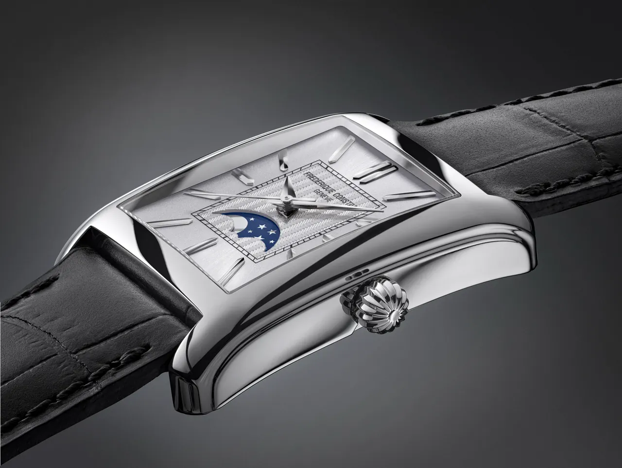 Frédérique Constant Classics Carrée Moonphase Automatic navy blue dial with midnight blue and lunar grey moonphase display