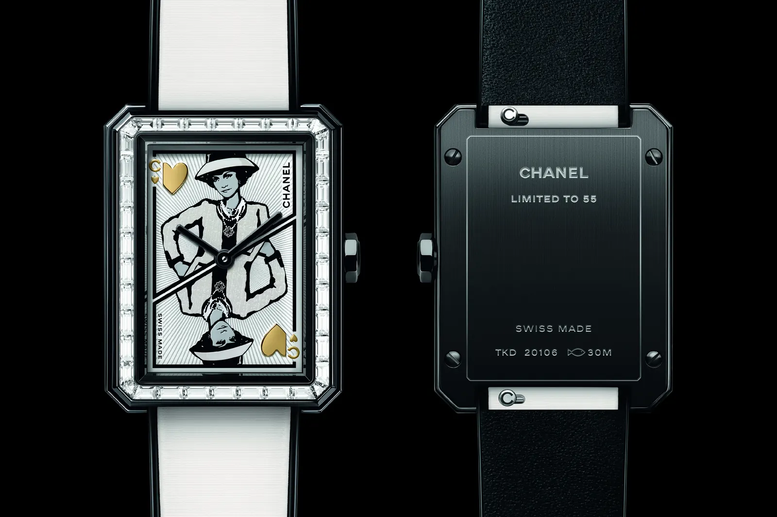 CHANEL BOY·FRIEND Coco Game dial showing Gabrielle Chanel as Queen of Hearts in black and white decal