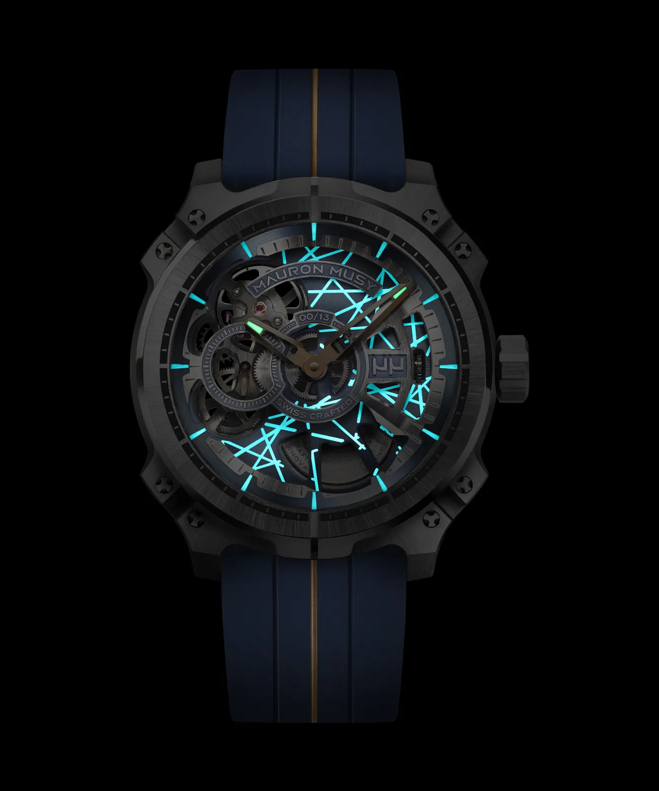 Mauron Musy MU05-103 Blueprint Titanium Skeleton full dial view showing blue anodised titanium architecture