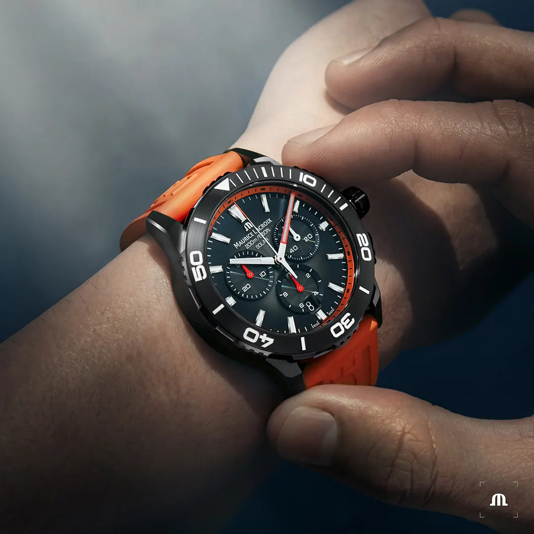 Maurice Lacroix Pontos S Solar three-hand version with black smoked dial and green fluorescent accents on rubber strap
