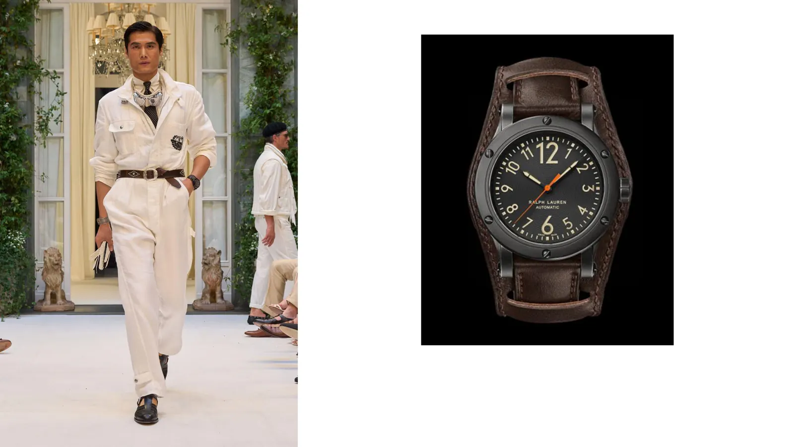 Tom Hiddleston wearing Ralph Lauren Stirrup watch at Milan Fashion Week