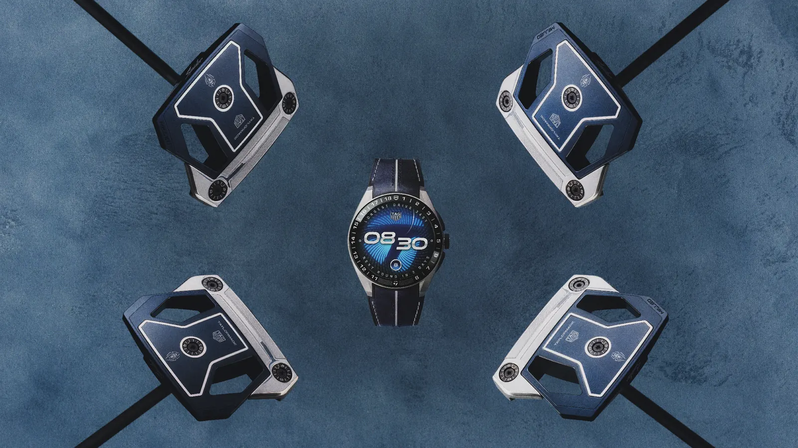 TAG Heuer Connected Calibre E5 TaylorMade dial showing golf complications and watch face