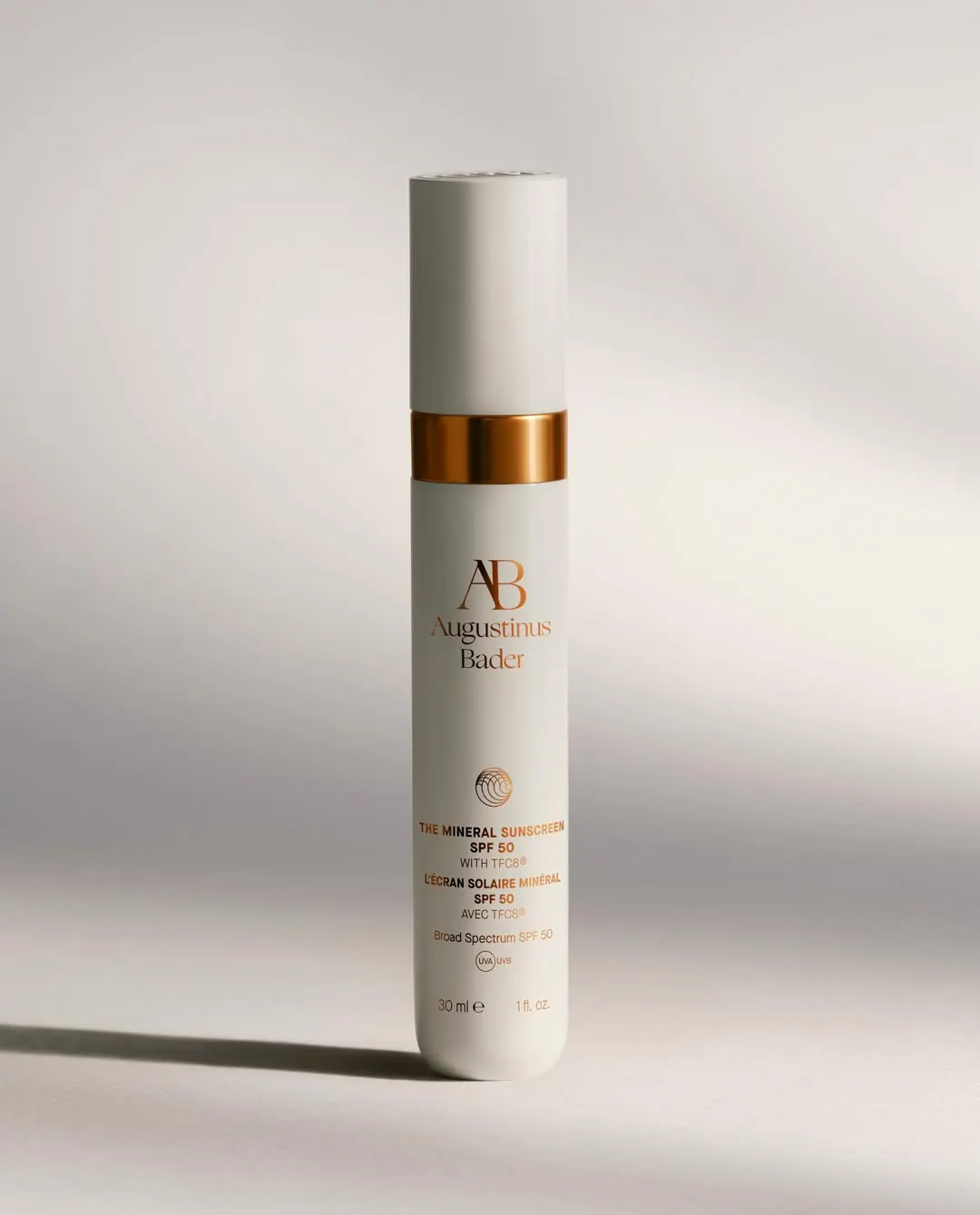 Augustinus Bader The Mineral Sunscreen SPF 50 bottle with TFC8 formula detail