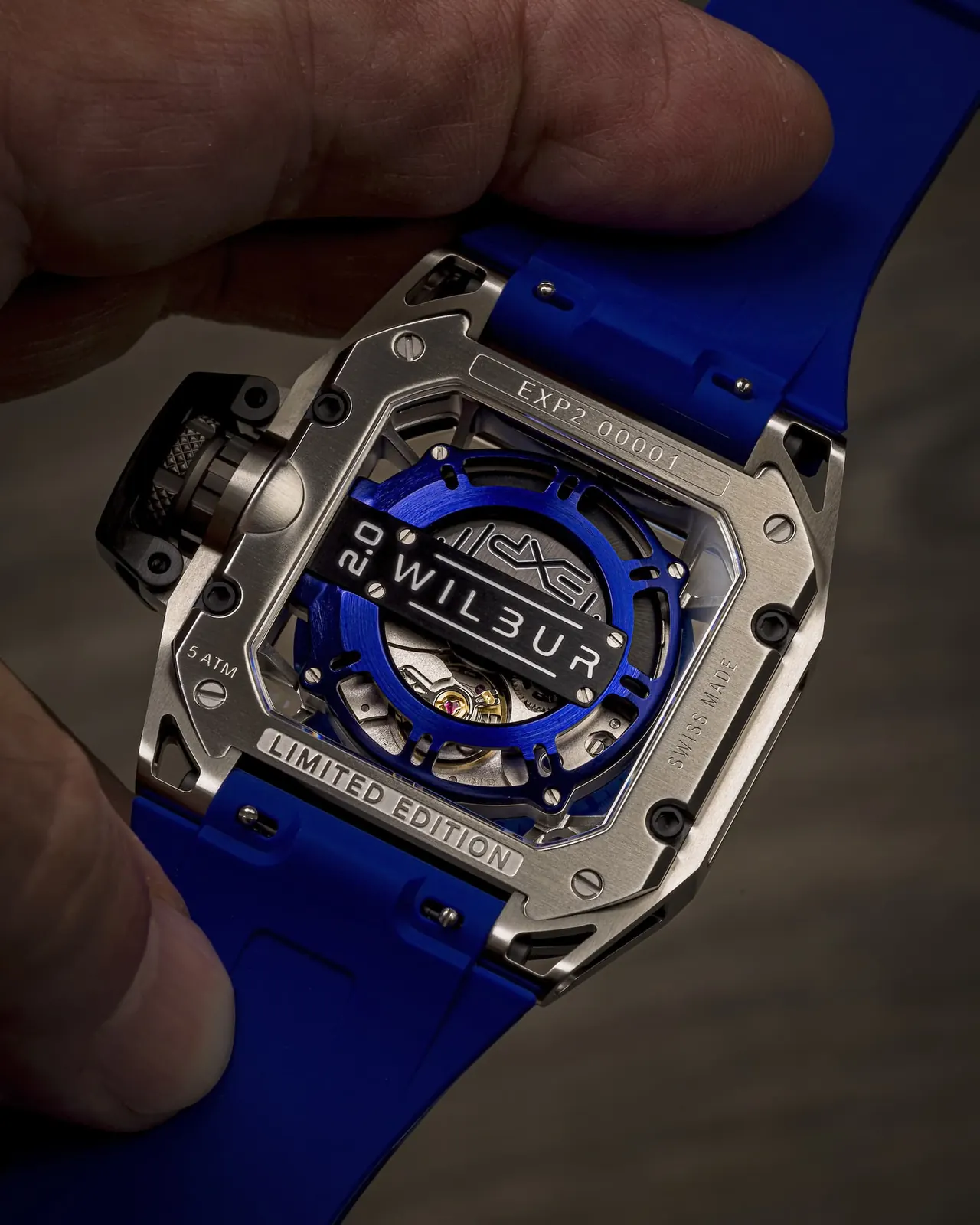 Wilbur Battlefield MK1 EXP 2.0 layered dial with transparent blue sapphire chapter ring