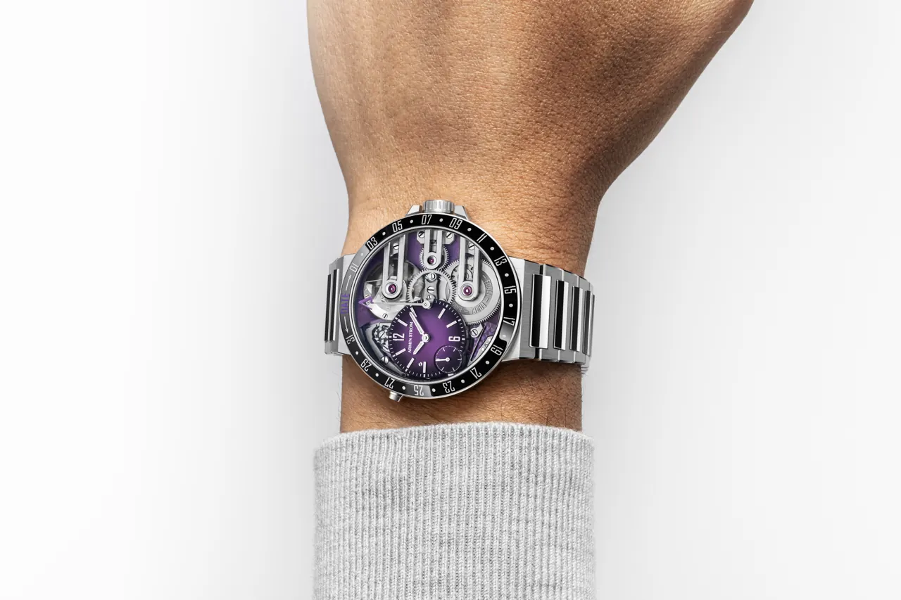 Armin Strom Calibre ASS20 movement with purple PVD mainplate and rhodium-coated finger bridges