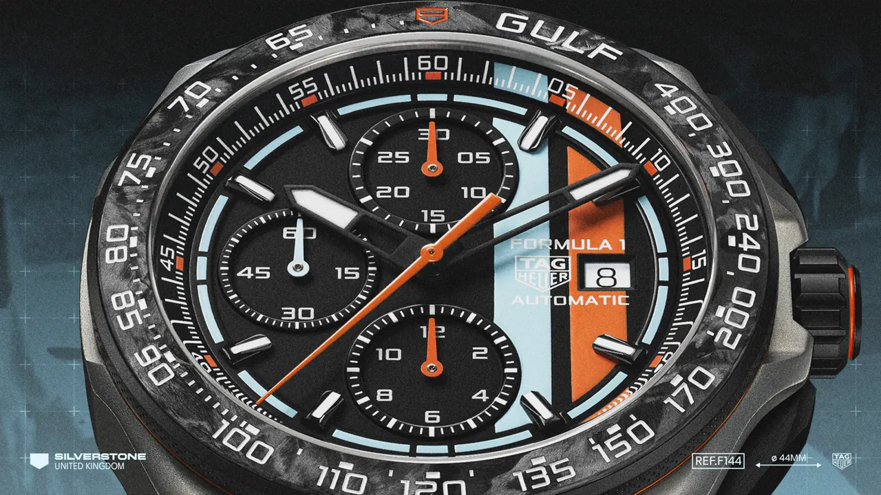 TAG Heuer Formula 1 x Gulf 44mm titanium case with forged carbon tachymeter bezel and orange lacquer crown
