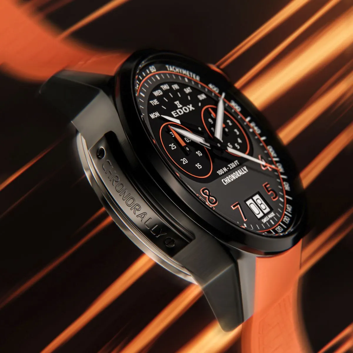 Edox Chronorally Chronograph 45 dial close-up with Super-LumiNova indices and red seconds hand
