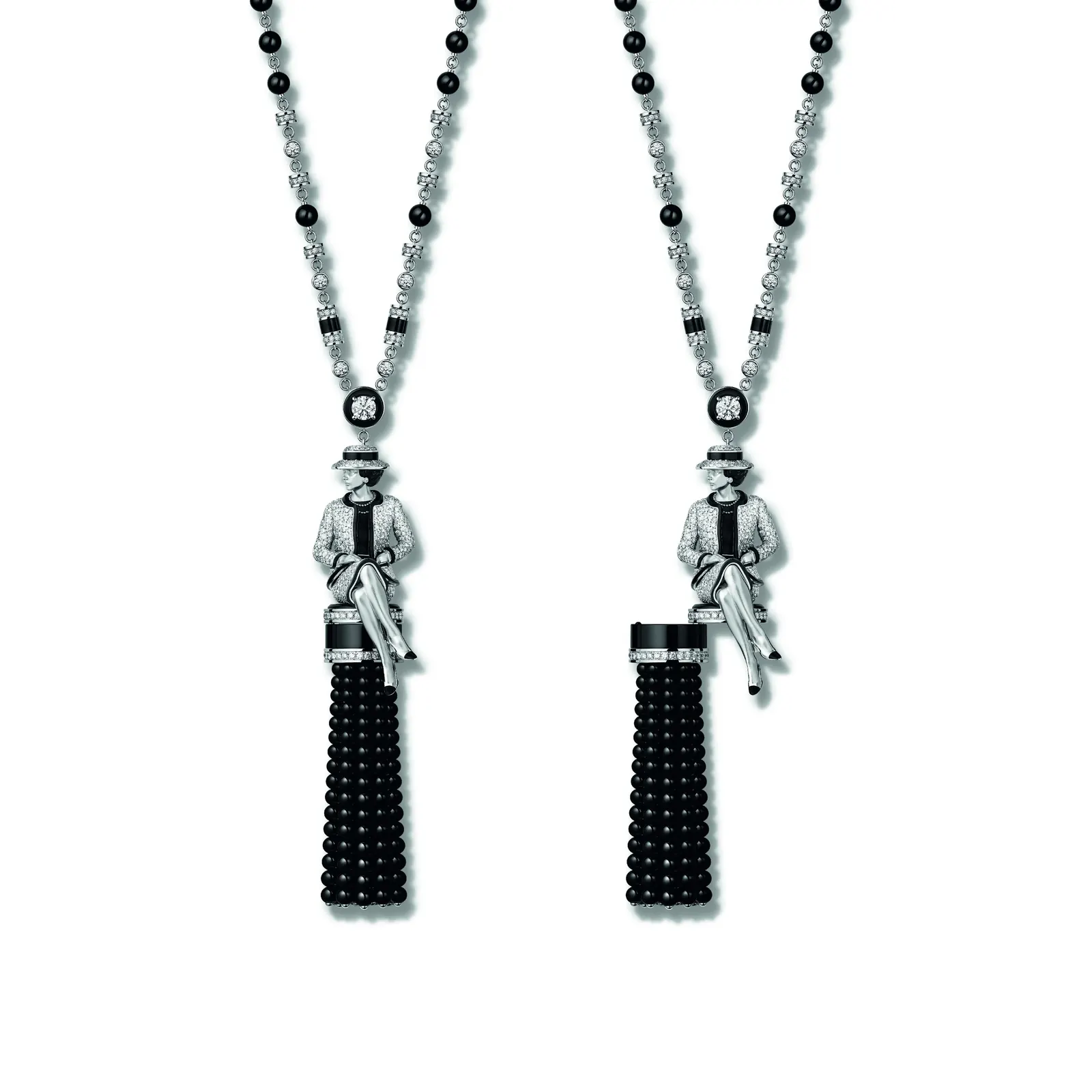 CHANEL Gabrielle Long Necklace pendant detail showing tweed-effect diamond silhouette