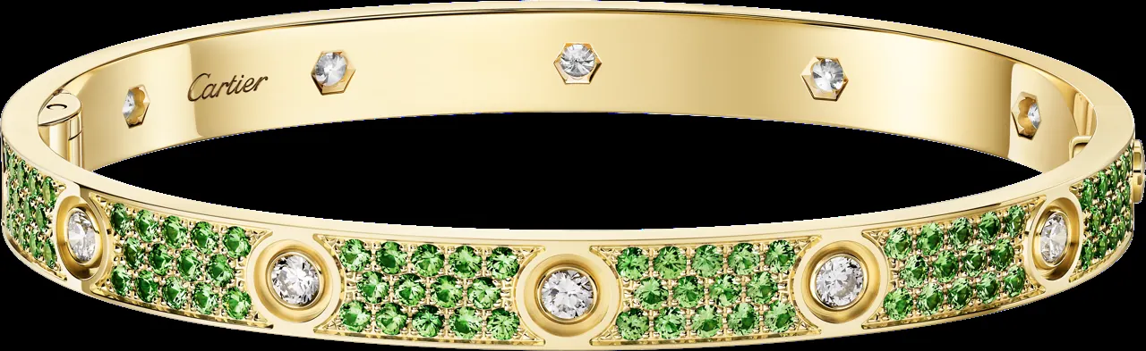 Cartier LOVE bracelet in white gold with aquamarines and tanzanites, close-up detail