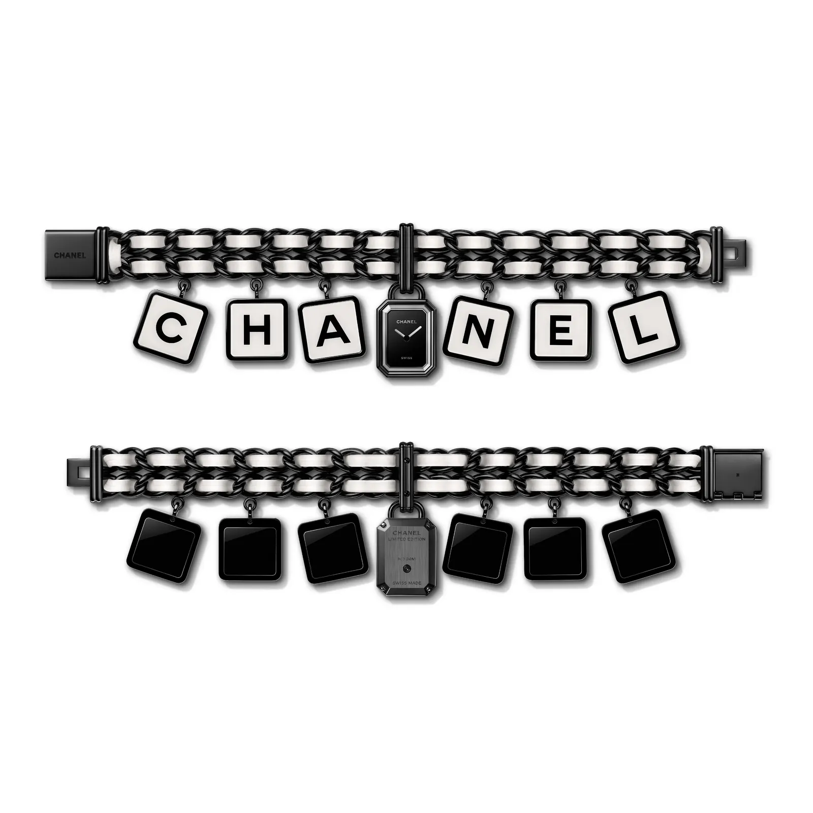 CHANEL Première Coco Game charms detail — black coating steel with white lacquer and sapphire crystal