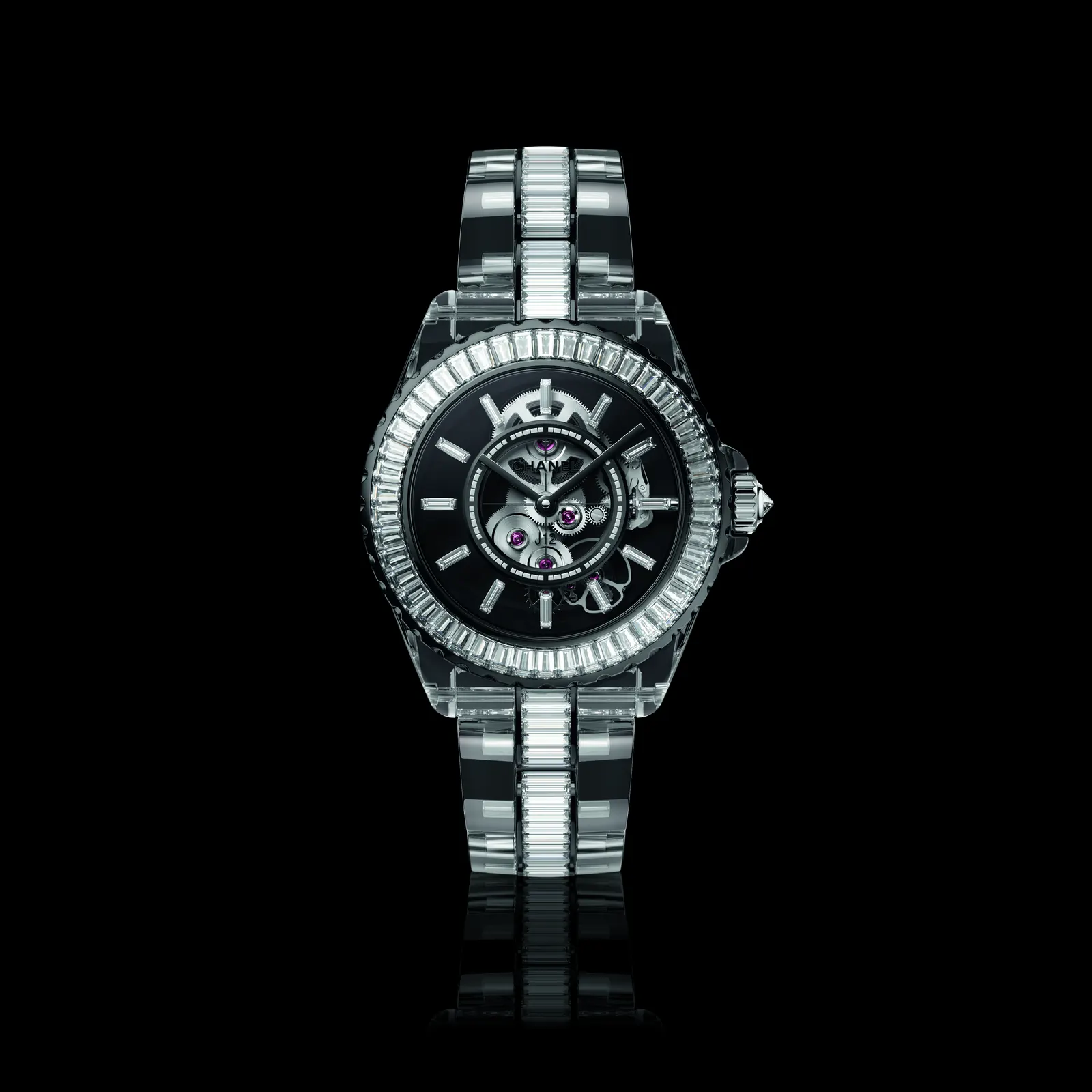 CHANEL J12 X-Ray Coco Game dial showing Calibre 3.1 skeleton movement through sapphire upper bridge