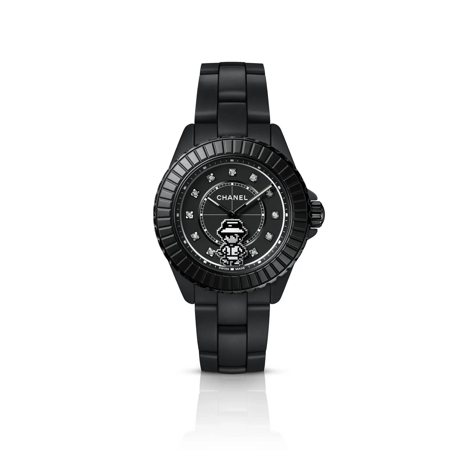 CHANEL J12 Coco Game dial close-up showing twelve brilliant-cut diamond indexes and baguette-cut bezel motif