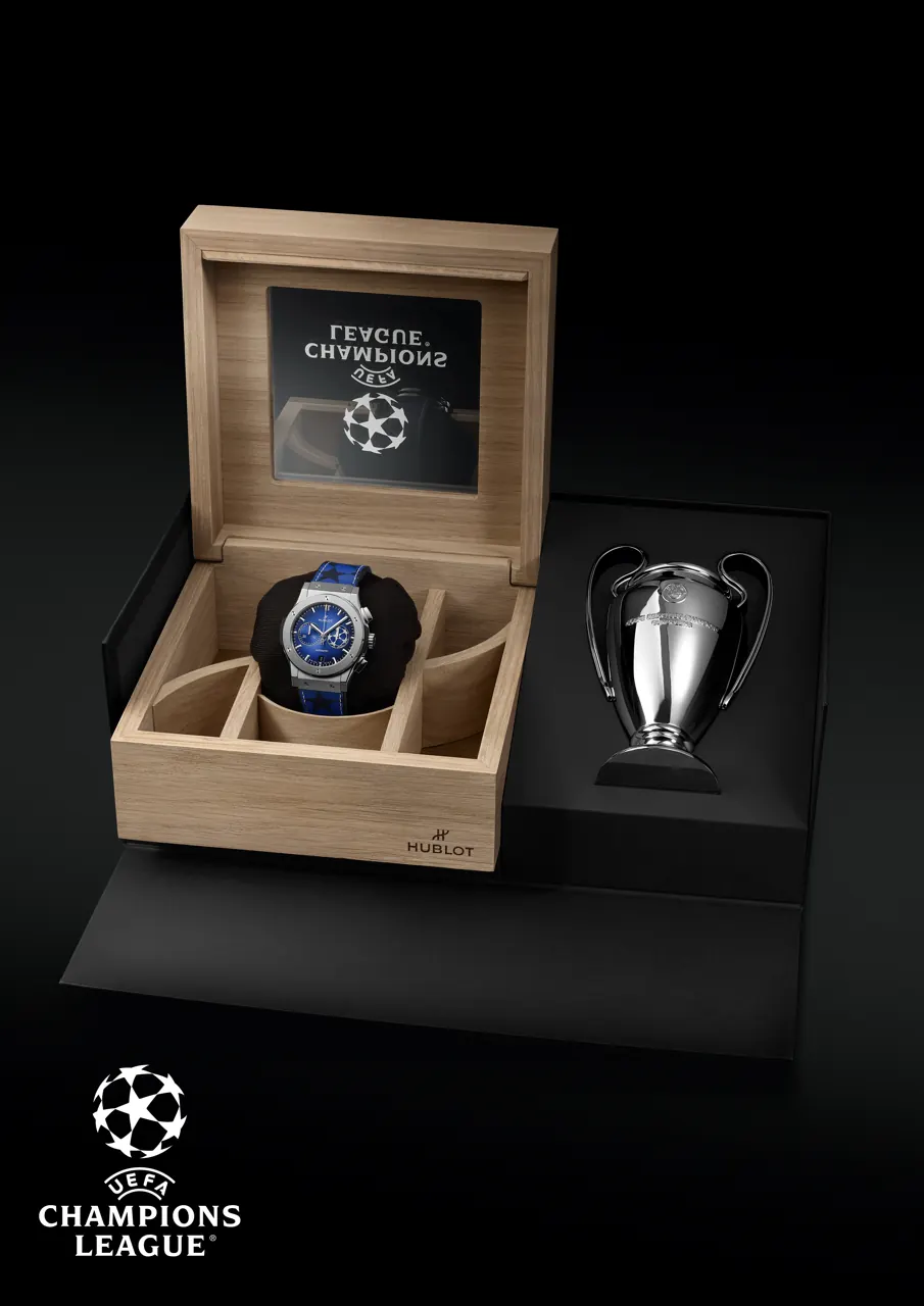Hublot Classic Fusion Chronograph UEFA Champions League titanium case and pushers detail