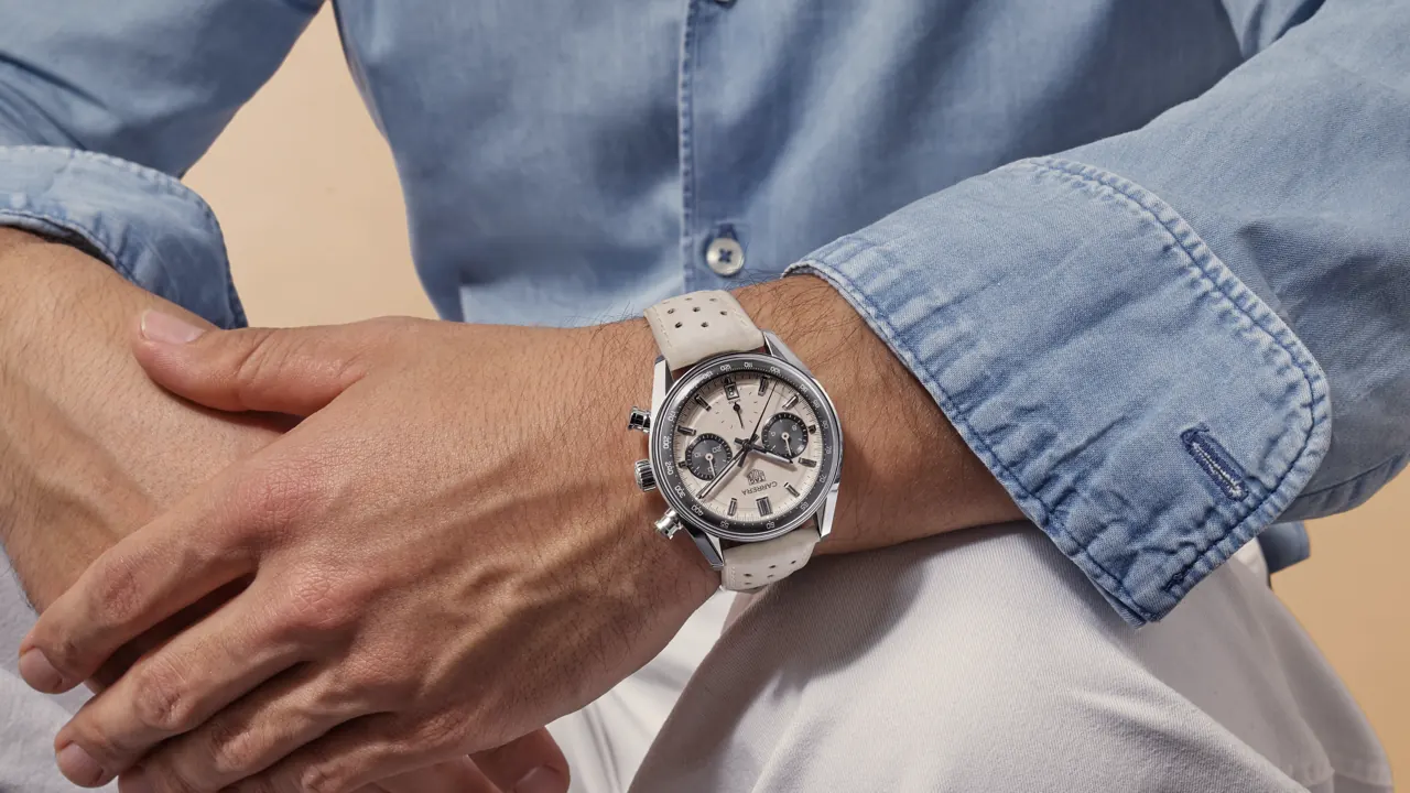 TAG Heuer Carrera Chronograph Limited Edition full case view on beige calfskin strap