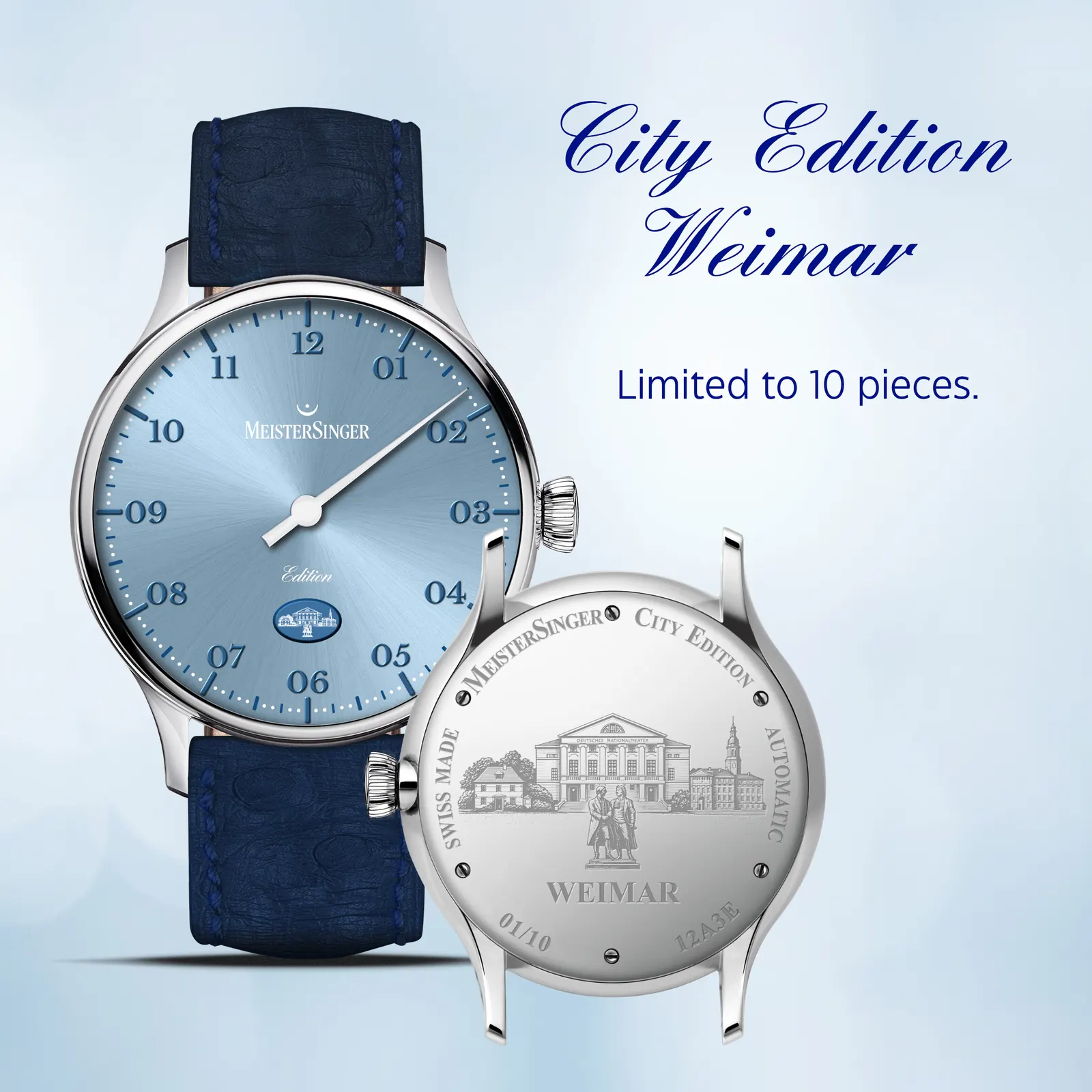 MeisterSinger City Edition closed case back showing elaborate city skyline engraving and edition number