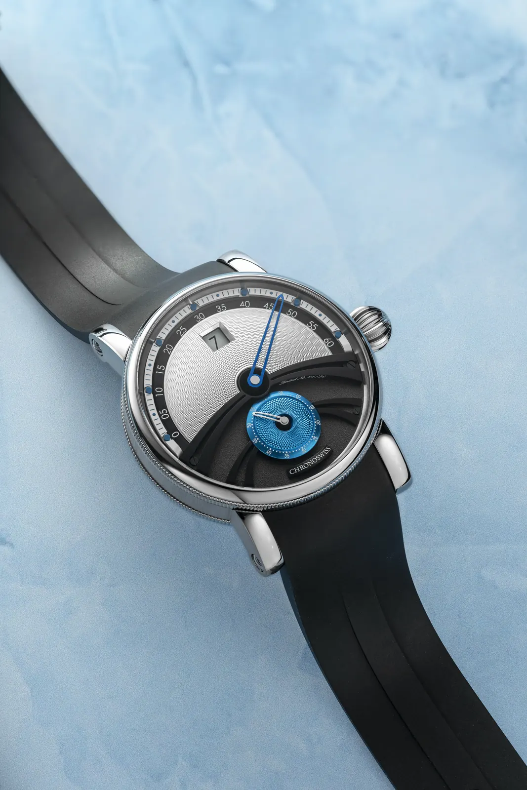 Chronoswiss Delphis Glacier retrograde minute display and blue CVD-coated subdial detail