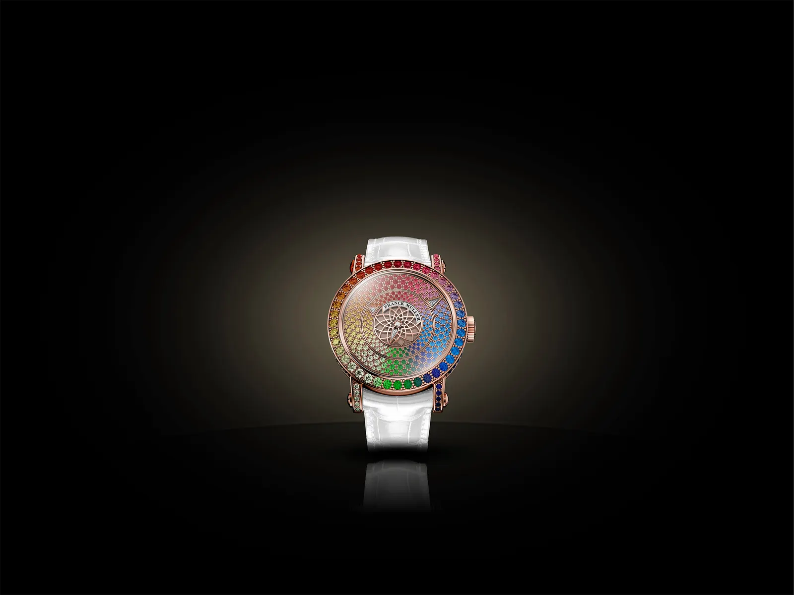 Franck Muller Round Rainbow Triple Mystery 36mm rose gold case showing three independent rotating discs